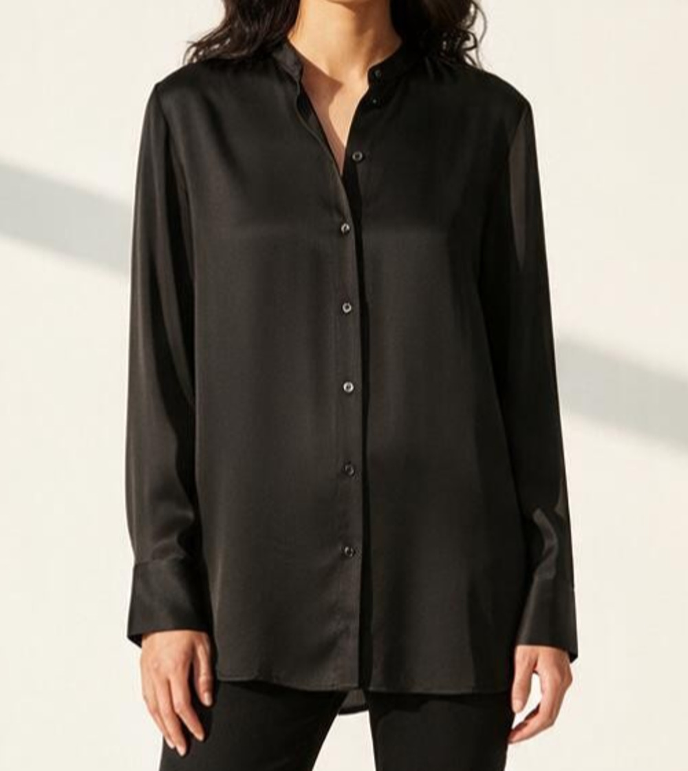 A5 Authentic EILEEN FISHER Black Mandarin Collar 100% Cupro Tunic Top Size XL